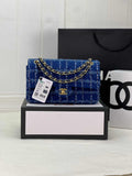 Chanel A01112 Classic Handbag Navy Blue Wool Tweed Gold-Tone Metal