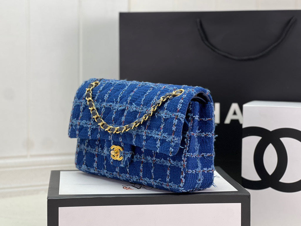 Chanel A01112 Classic Handbag Navy Blue Wool Tweed Gold-Tone Metal