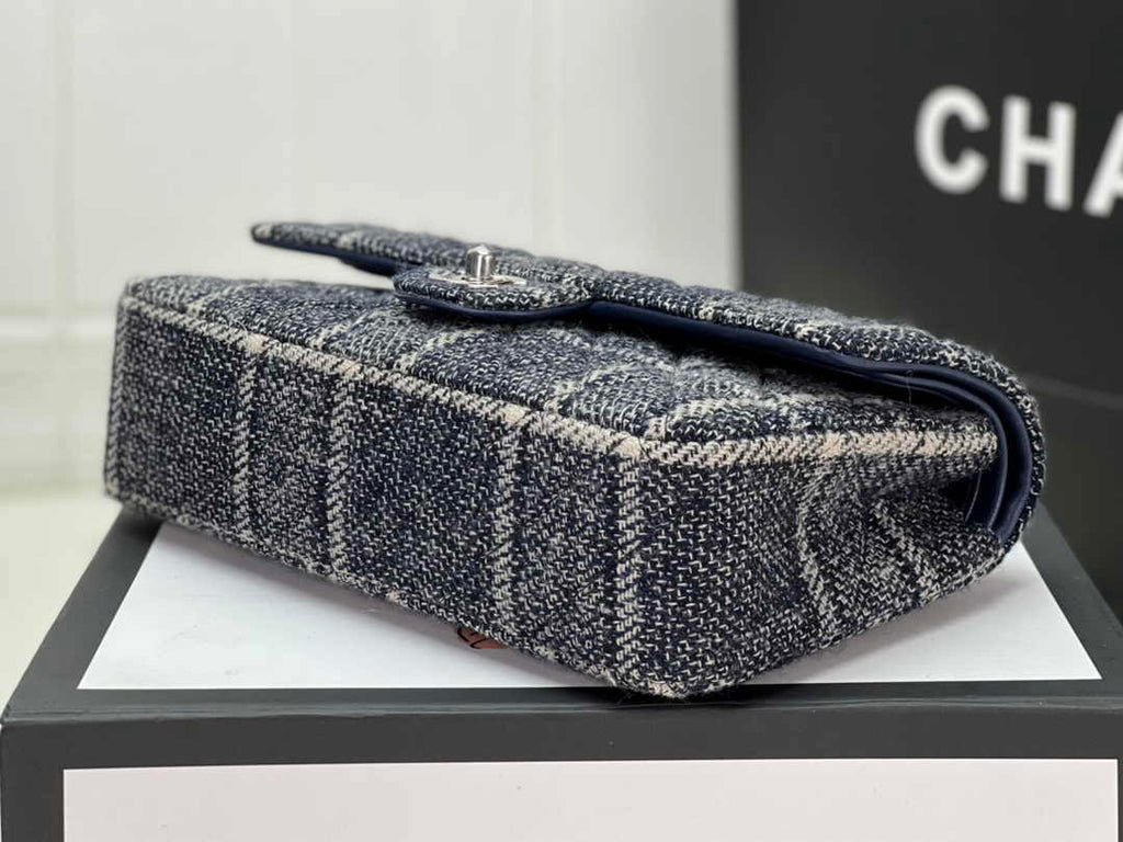 Chanel A01112 Classic Handbag Wool Tweed Gold-Tone Metal Black Blue