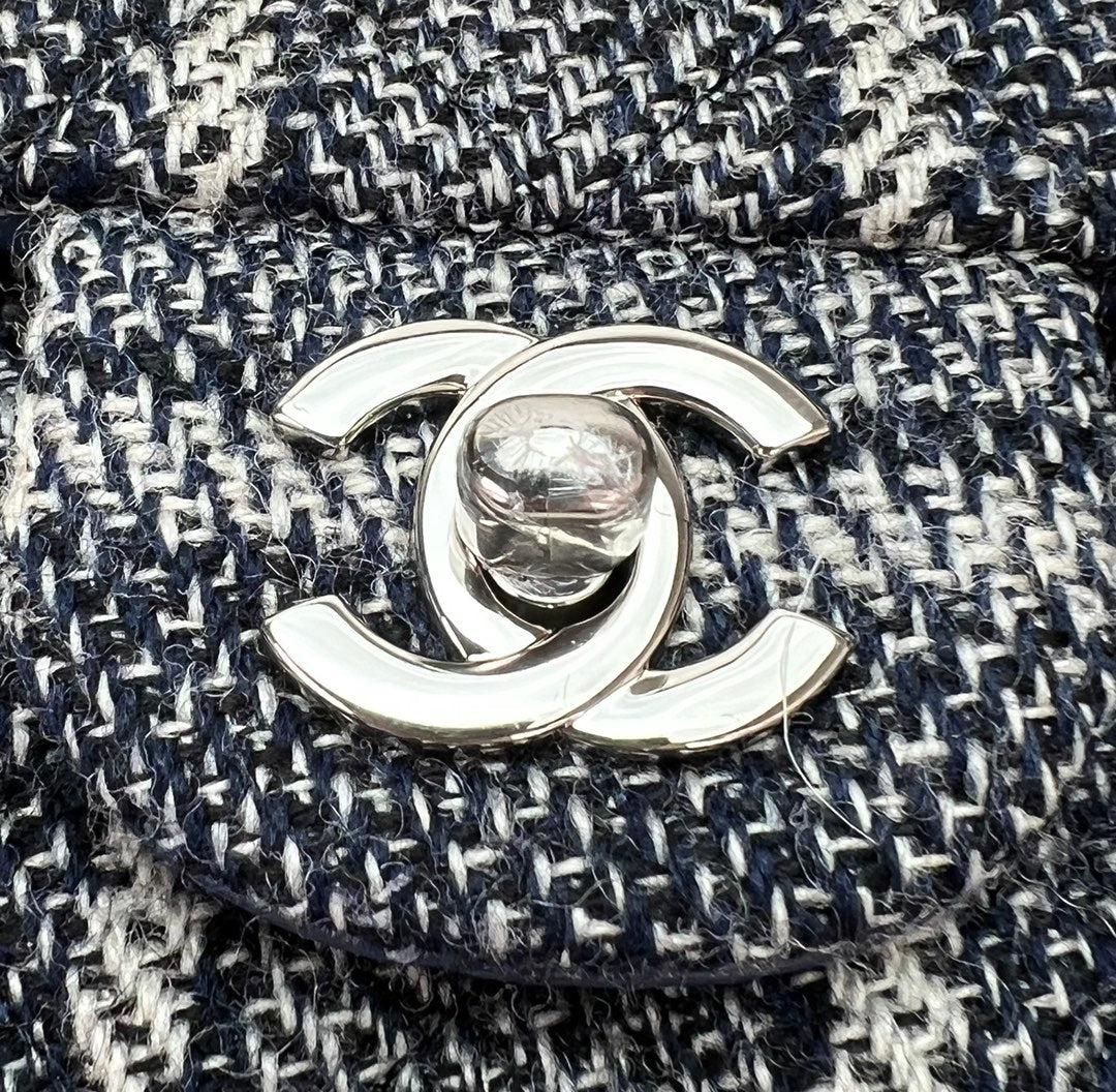 Chanel A01112 Classic Handbag Wool Tweed Gold-Tone Metal Black Blue