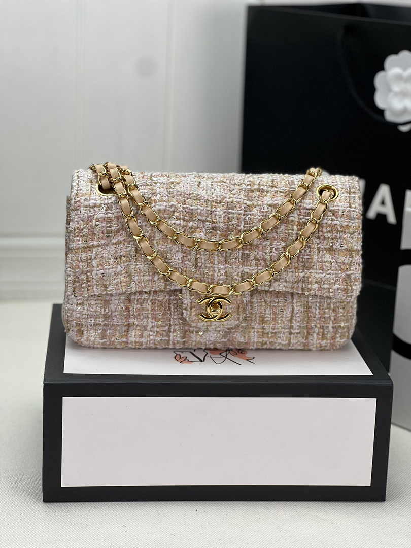 Chanel A01112 Classic Handbag Wool Tweed Gold-Tone Metal Dark Beige