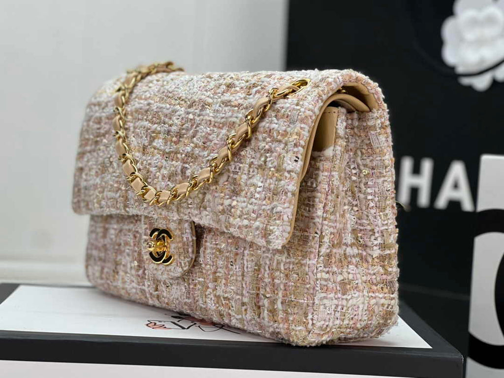 Chanel A01112 Classic Handbag Wool Tweed Gold-Tone Metal Dark Beige