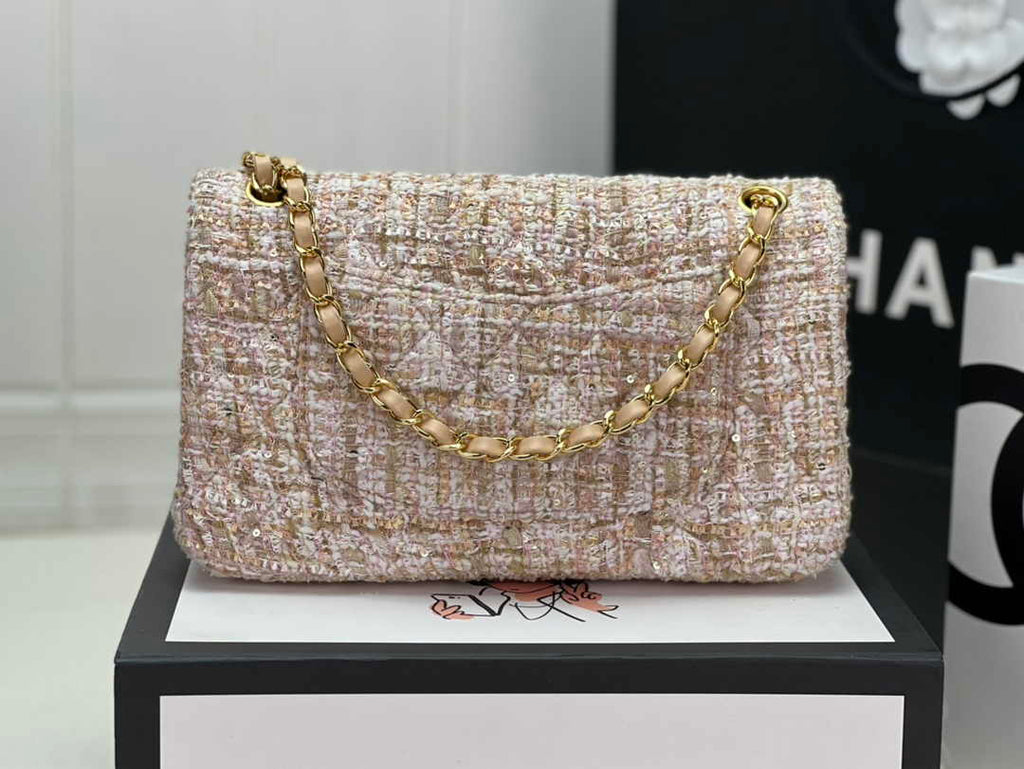 Chanel A01112 Classic Handbag Wool Tweed Gold-Tone Metal Dark Beige