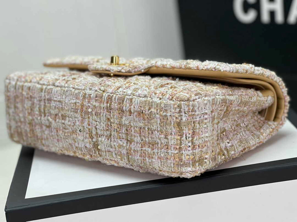 Chanel A01112 Classic Handbag Wool Tweed Gold-Tone Metal Dark Beige