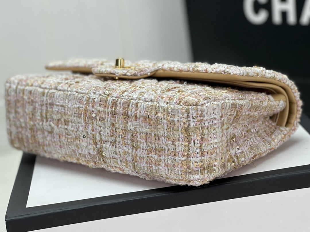 Chanel A01112 Classic Handbag Wool Tweed Gold-Tone Metal Dark Beige