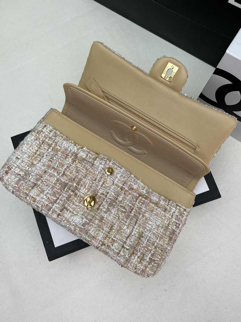 Chanel A01112 Classic Handbag Wool Tweed Gold-Tone Metal Dark Beige