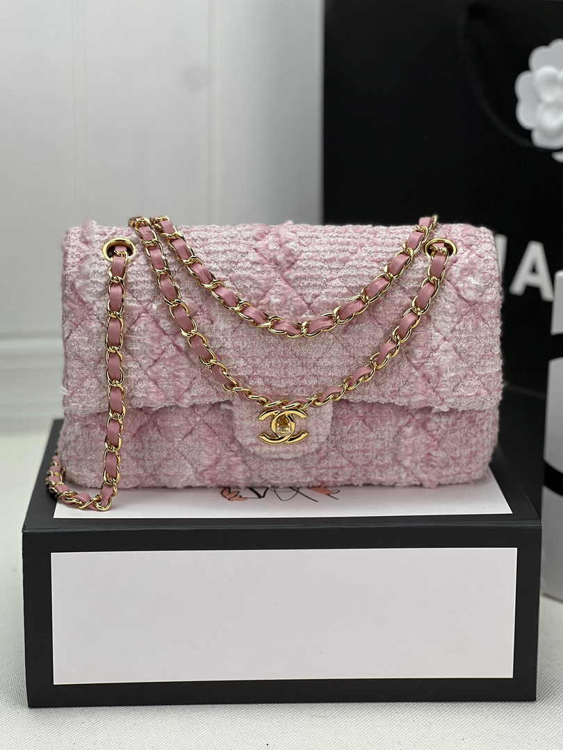 Chanel A01112 Classic Handbag Wool Tweed Gold-Tone Metal Pink