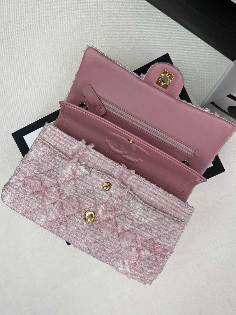 Chanel A01112 Classic Handbag Wool Tweed Gold-Tone Metal Pink