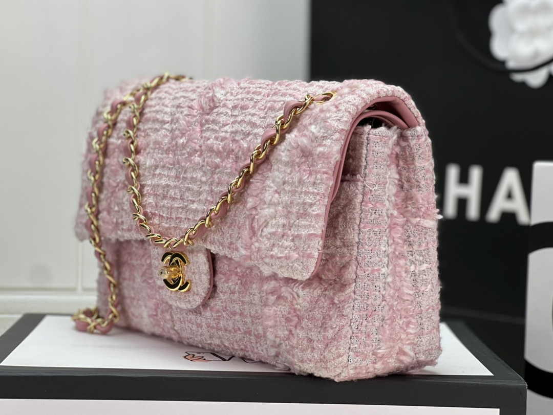 Chanel A01112 Classic Handbag Wool Tweed Gold-Tone Metal Pink