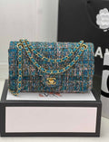 Chanel A01112 Classic Handbag Wool Tweed Gold-Tone Metal Blue Green