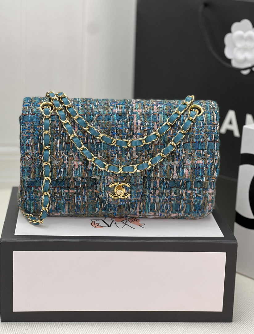 Chanel A01112 Classic Handbag Wool Tweed Gold-Tone Metal Blue Green