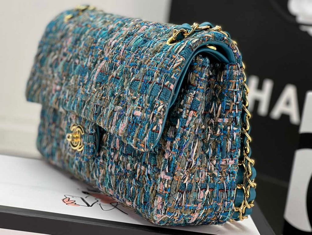 Chanel A01112 Classic Handbag Wool Tweed Gold-Tone Metal Blue Green
