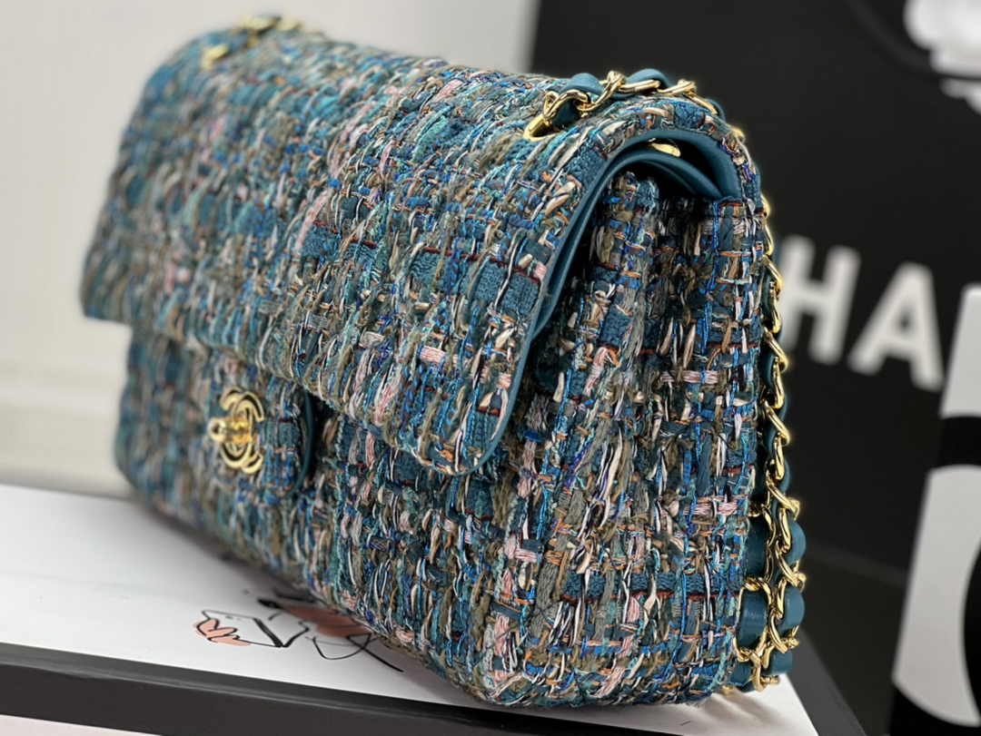 Chanel A01112 Classic Handbag Wool Tweed Gold-Tone Metal Blue Green