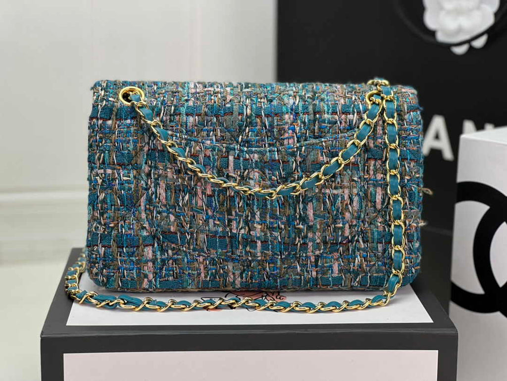 Chanel A01112 Classic Handbag Wool Tweed Gold-Tone Metal Blue Green