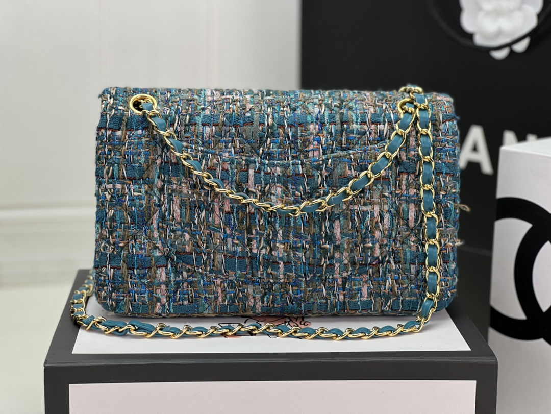 Chanel A01112 Classic Handbag Wool Tweed Gold-Tone Metal Blue Green