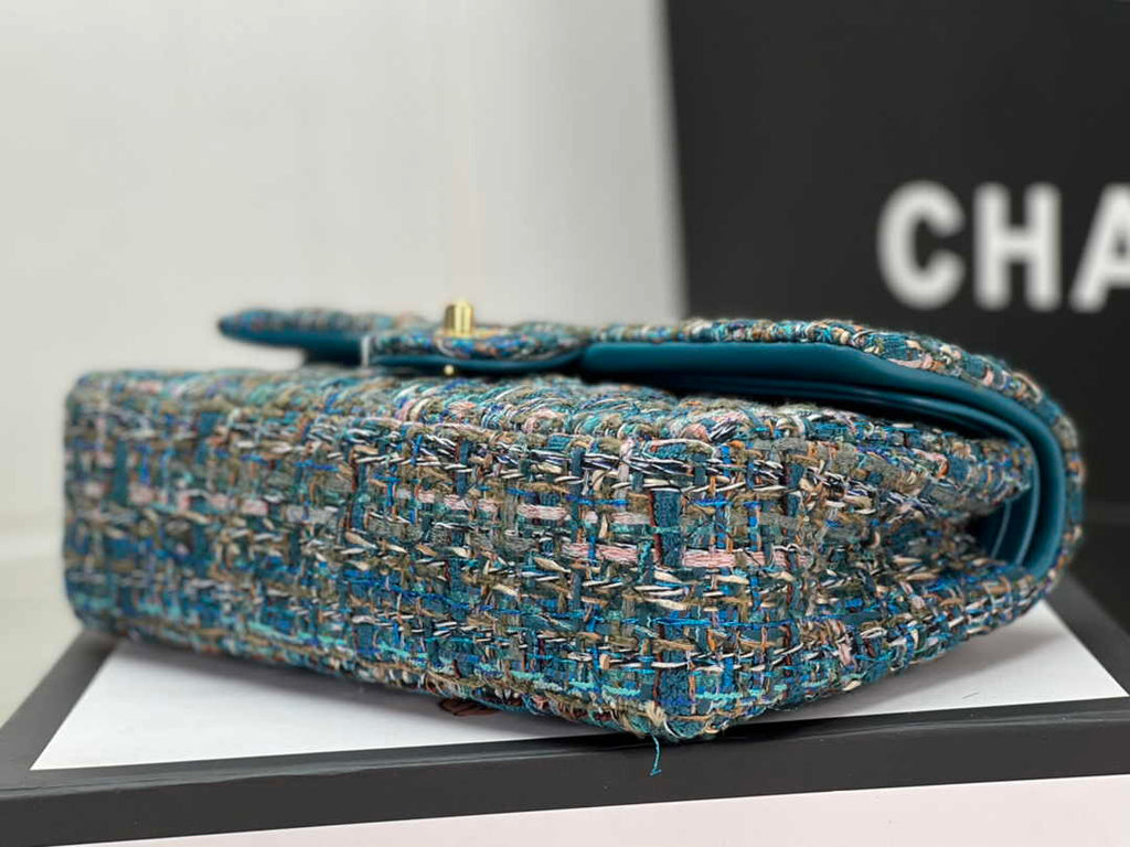 Chanel A01112 Classic Handbag Wool Tweed Gold-Tone Metal Blue Green