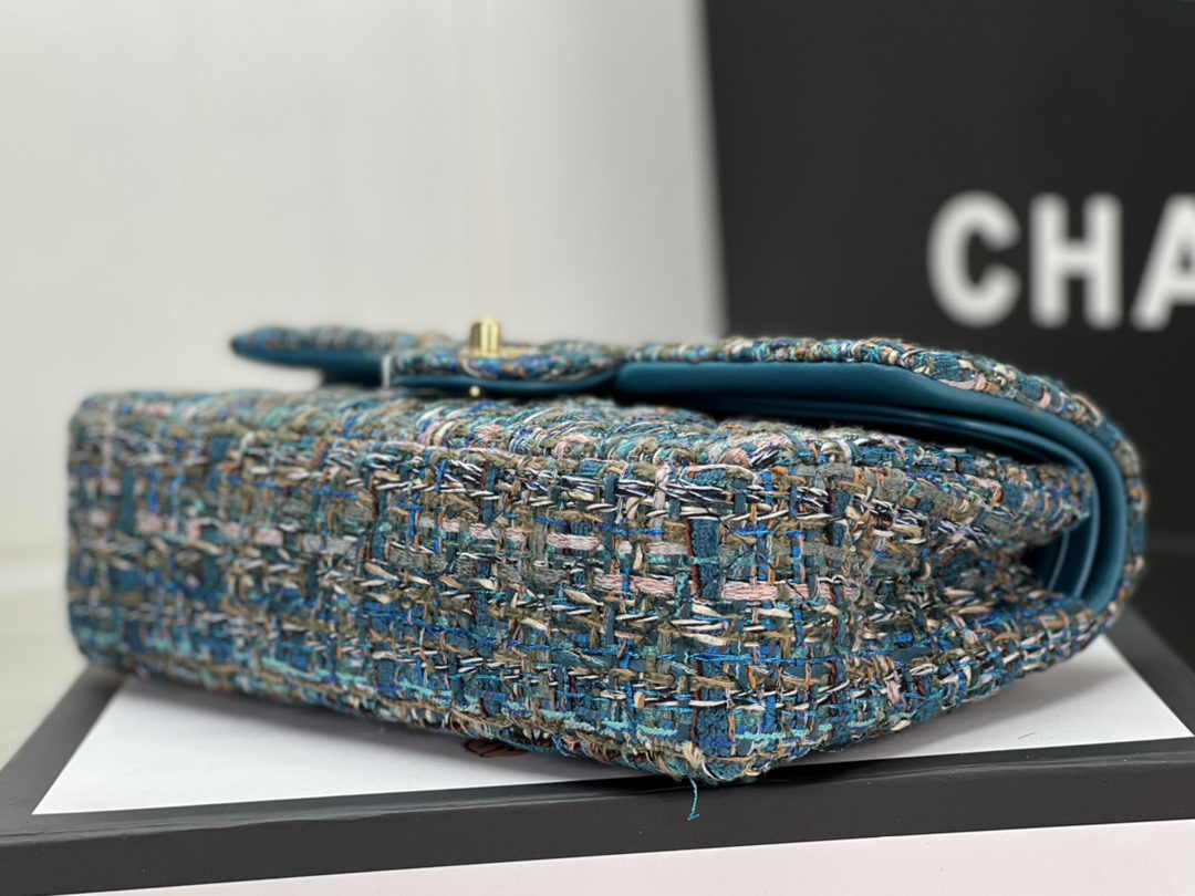 Chanel A01112 Classic Handbag Wool Tweed Gold-Tone Metal Blue Green