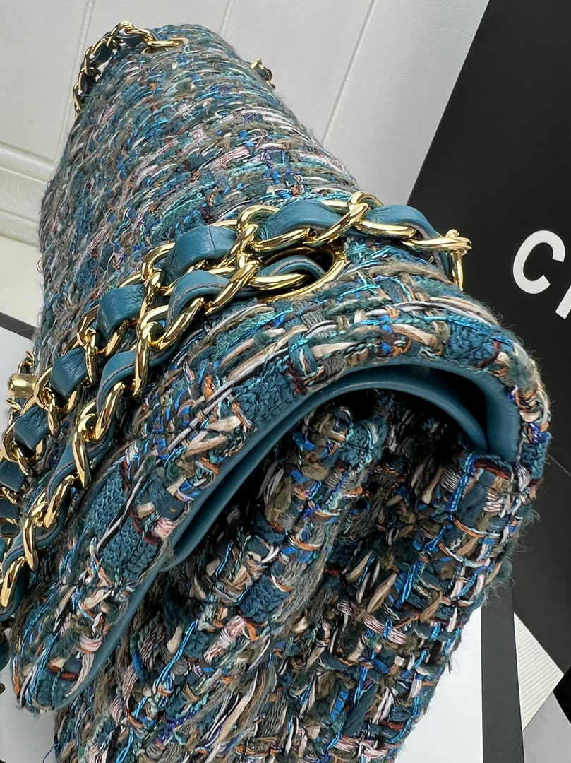 Chanel A01112 Classic Handbag Wool Tweed Gold-Tone Metal Blue Green