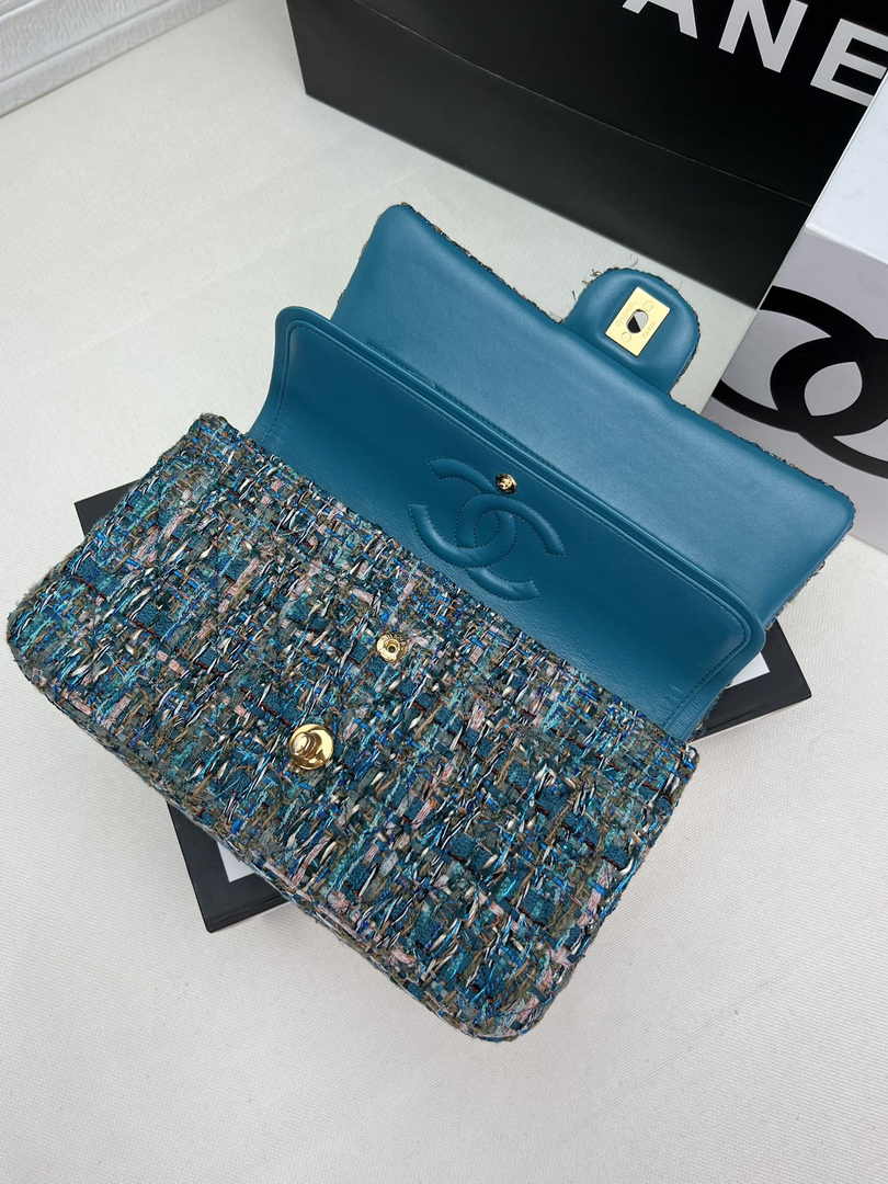Chanel A01112 Classic Handbag Wool Tweed Gold-Tone Metal Blue Green