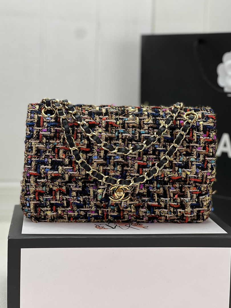 Chanel A01112 Classic Handbag Wool Tweed Gold-Tone Metal Brown Red
