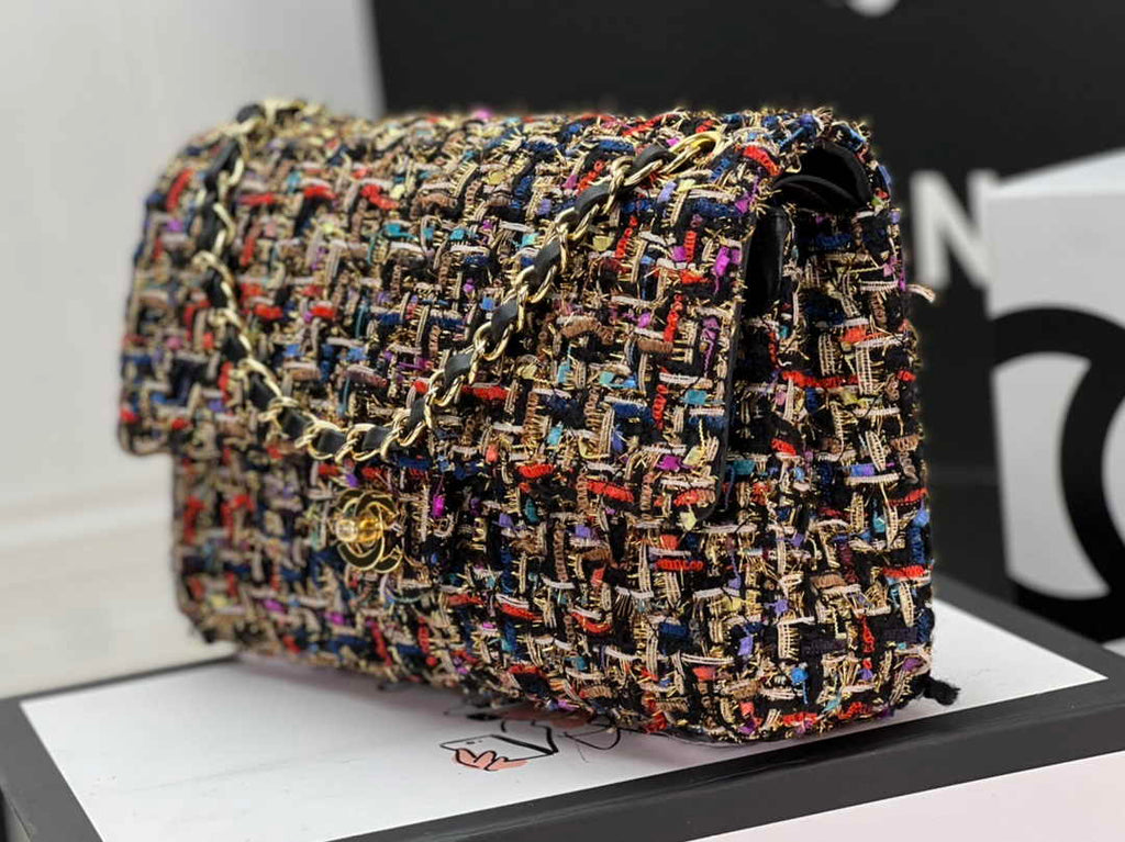 Chanel A01112 Classic Handbag Wool Tweed Gold-Tone Metal Brown Red