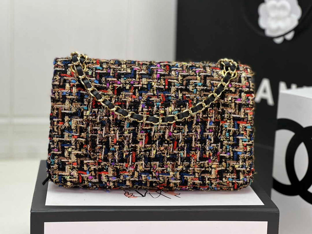 Chanel A01112 Classic Handbag Wool Tweed Gold-Tone Metal Brown Red