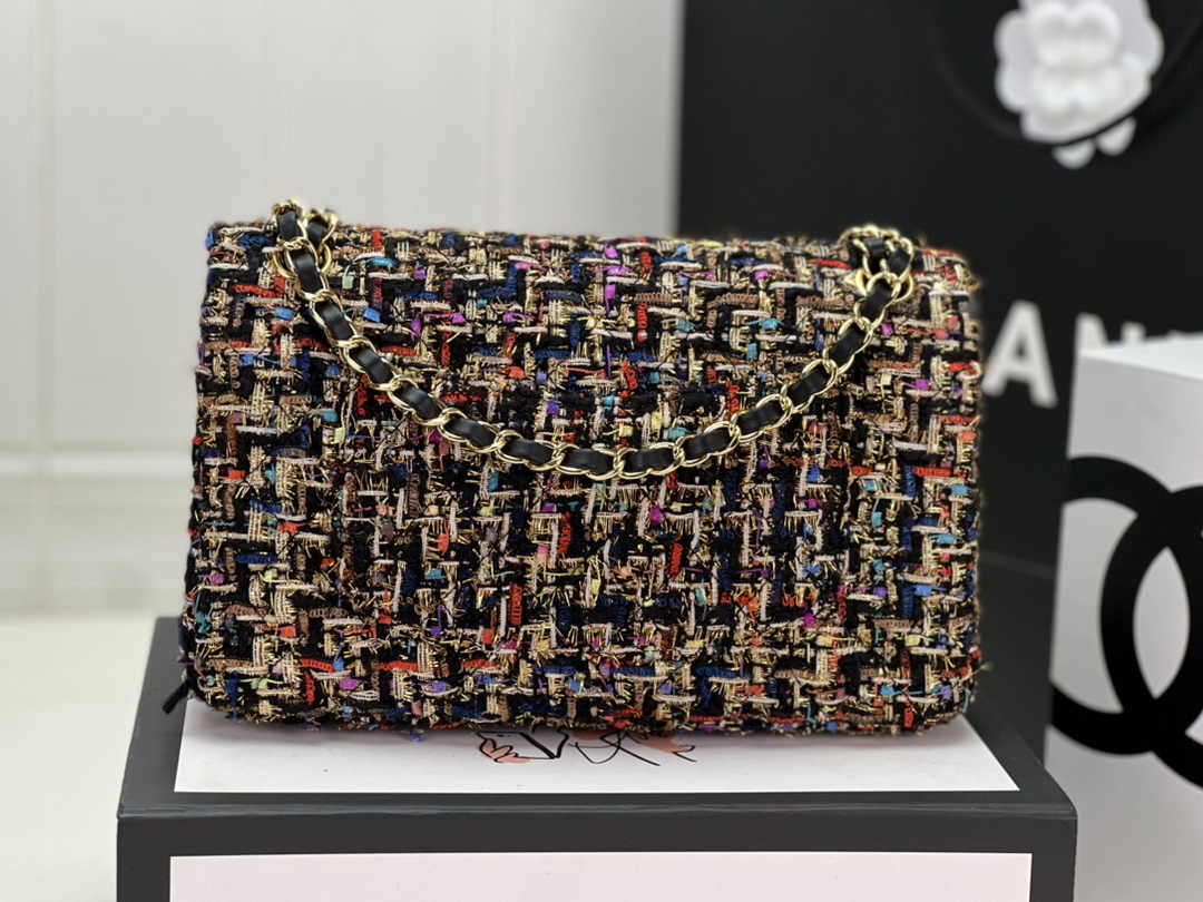 Chanel A01112 Classic Handbag Wool Tweed Gold-Tone Metal Brown Red
