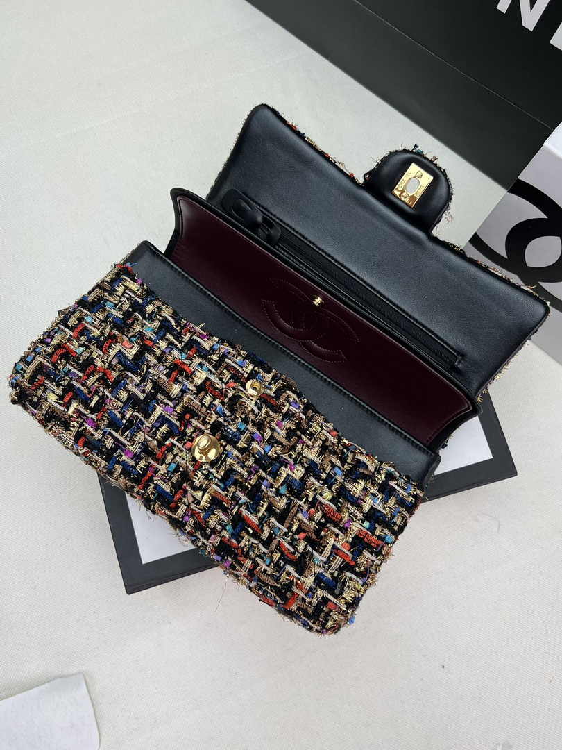 Chanel A01112 Classic Handbag Wool Tweed Gold-Tone Metal Brown Red