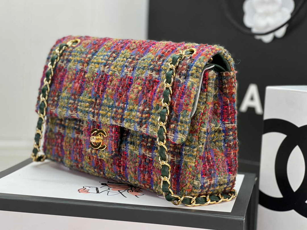 Chanel A01112 Classic Handbag Wool Tweed Gold-Tone Metal Brown Green