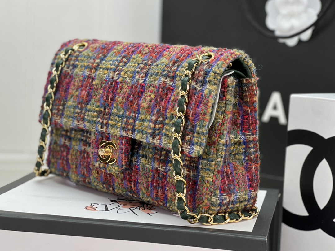 Chanel A01112 Classic Handbag Wool Tweed Gold-Tone Metal Brown Green