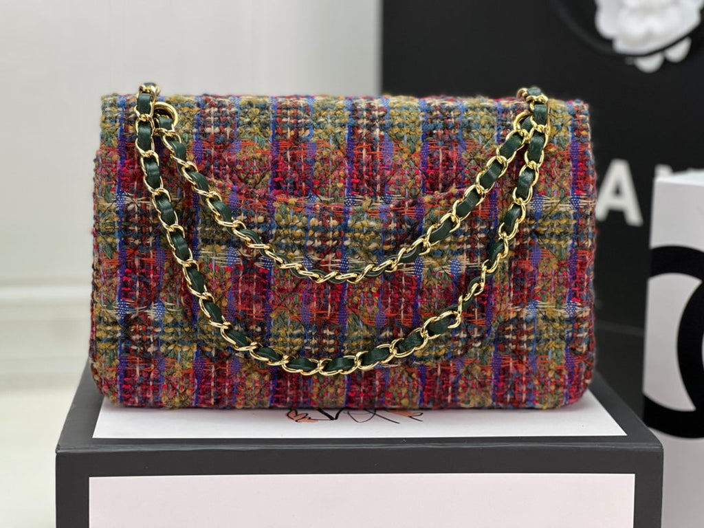 Chanel A01112 Classic Handbag Wool Tweed Gold-Tone Metal Brown Green