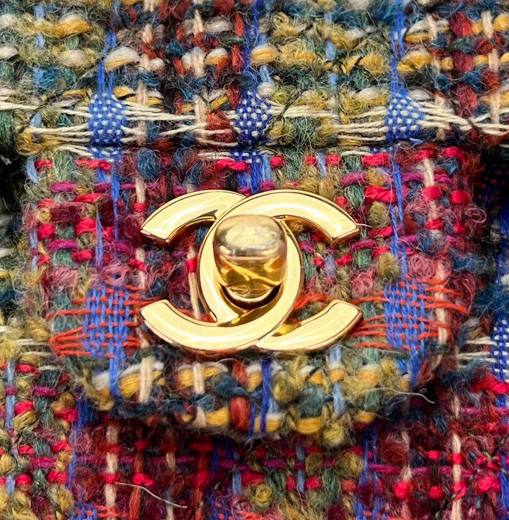 Chanel A01112 Classic Handbag Wool Tweed Gold-Tone Metal Brown Green