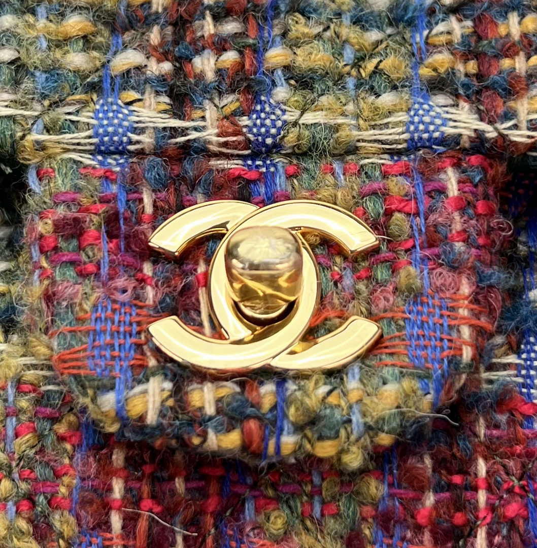 Chanel A01112 Classic Handbag Wool Tweed Gold-Tone Metal Brown Green