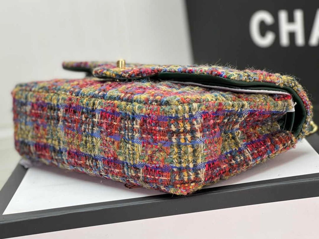 Chanel A01112 Classic Handbag Wool Tweed Gold-Tone Metal Brown Green