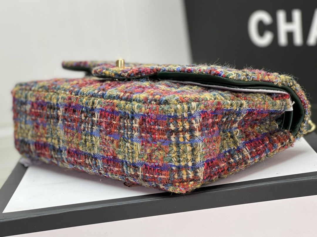 Chanel A01112 Classic Handbag Wool Tweed Gold-Tone Metal Brown Green