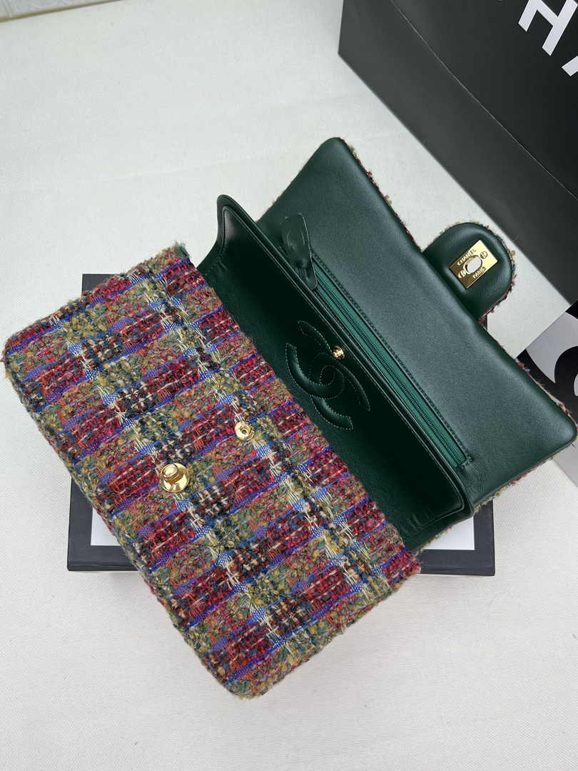 Chanel A01112 Classic Handbag Wool Tweed Gold-Tone Metal Brown Green