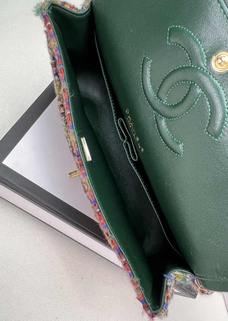 Chanel A01112 Classic Handbag Wool Tweed Gold-Tone Metal Brown Green