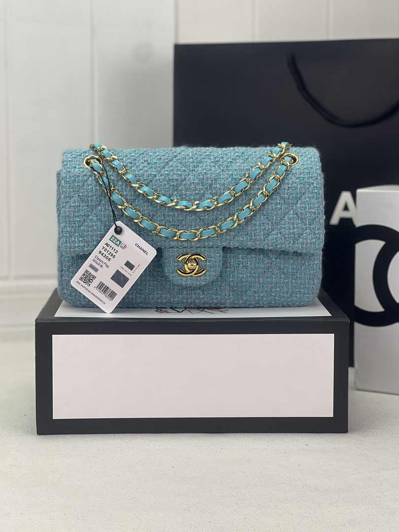 Chanel A01112 Classic Handbag Light Green Wool Tweed Gold-Tone Metal
