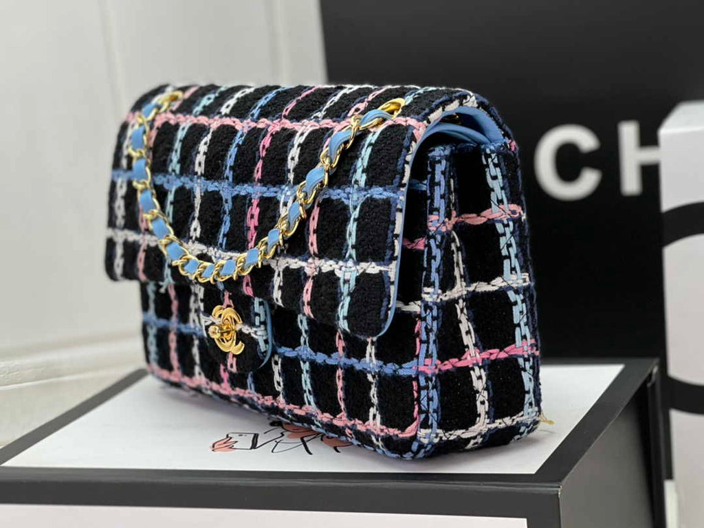 Chanel A01112 Classic Handbag Blue Wool Tweed Gold-Tone Metal