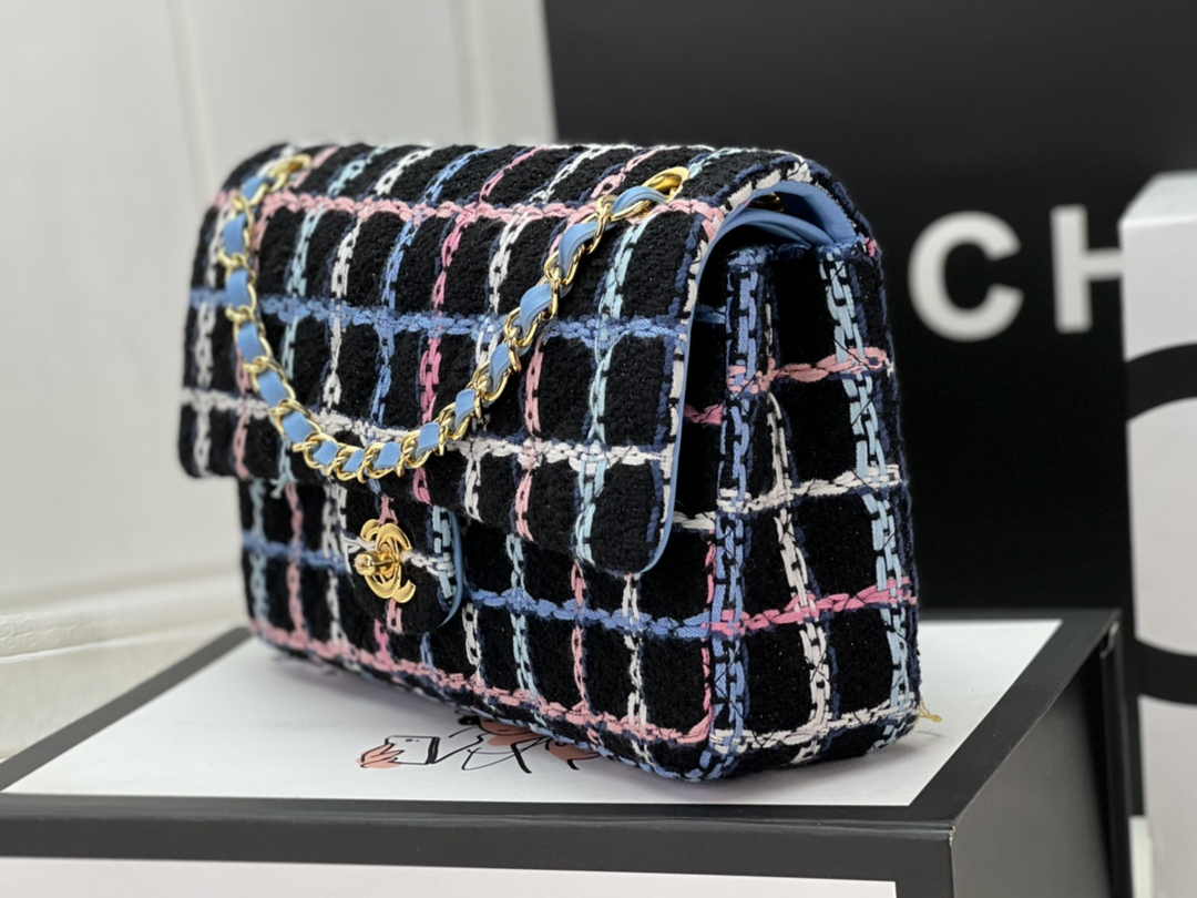 Chanel A01112 Classic Handbag Blue Wool Tweed Gold-Tone Metal