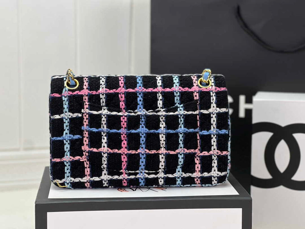 Chanel A01112 Classic Handbag Blue Wool Tweed Gold-Tone Metal