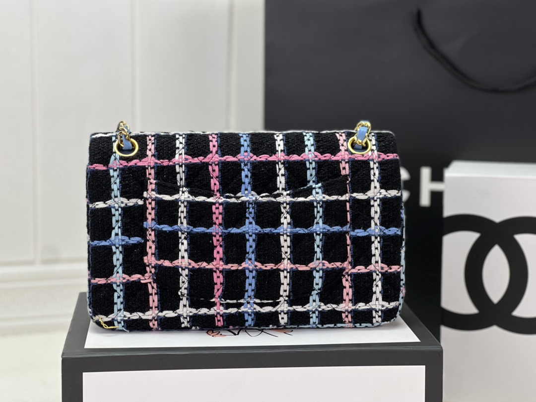 Chanel A01112 Classic Handbag Blue Wool Tweed Gold-Tone Metal