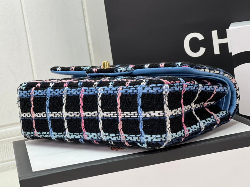 Chanel A01112 Classic Handbag Blue Wool Tweed Gold-Tone Metal