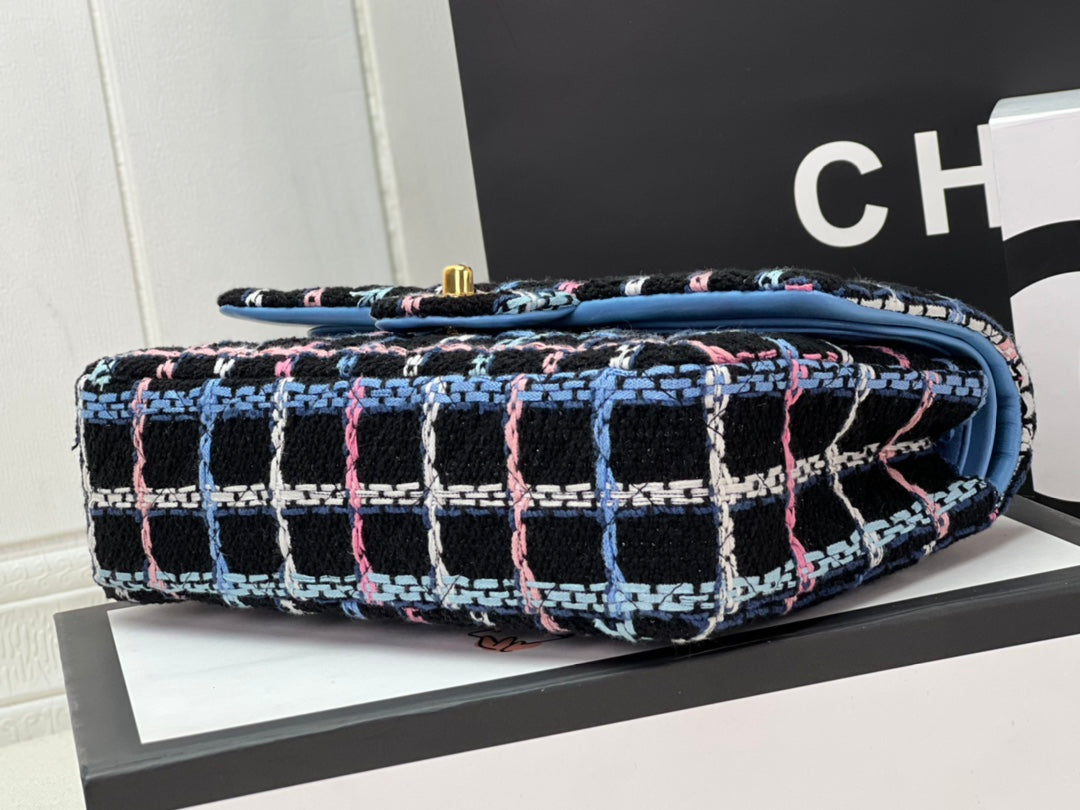 Chanel A01112 Classic Handbag Blue Wool Tweed Gold-Tone Metal