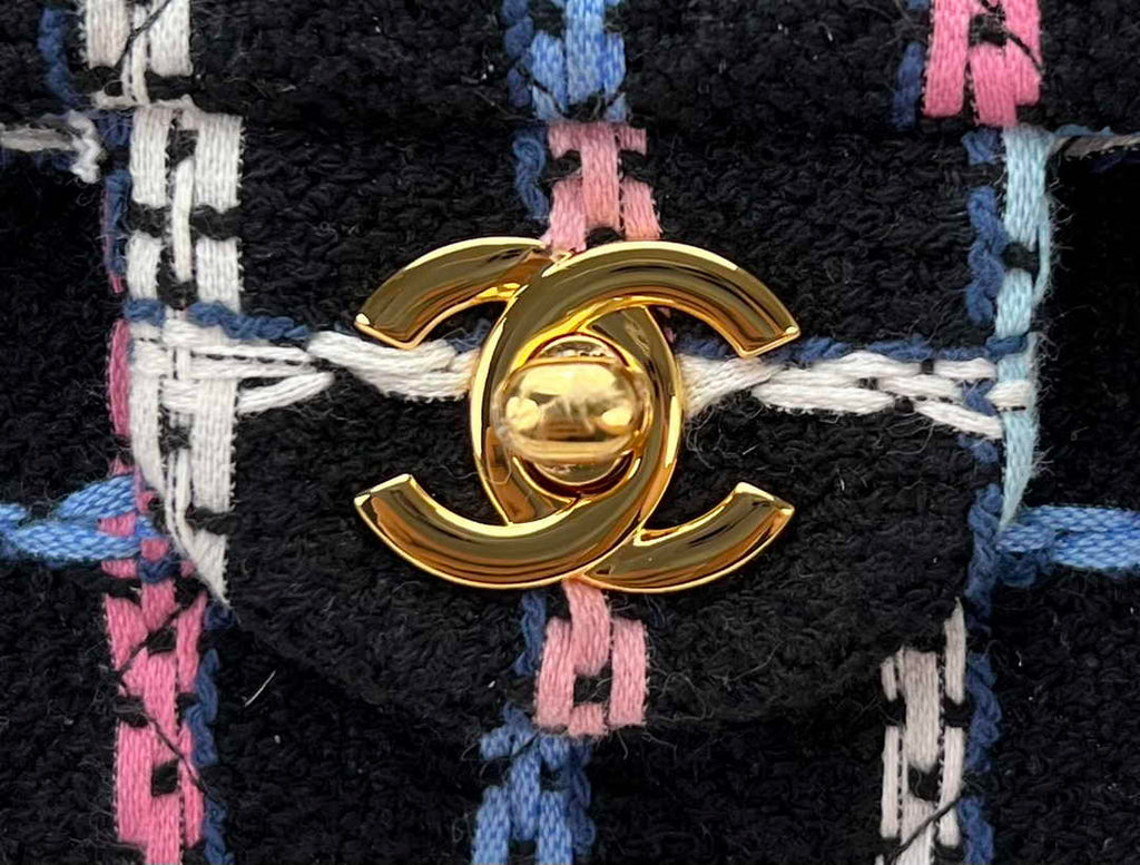 Chanel A01112 Classic Handbag Blue Wool Tweed Gold-Tone Metal