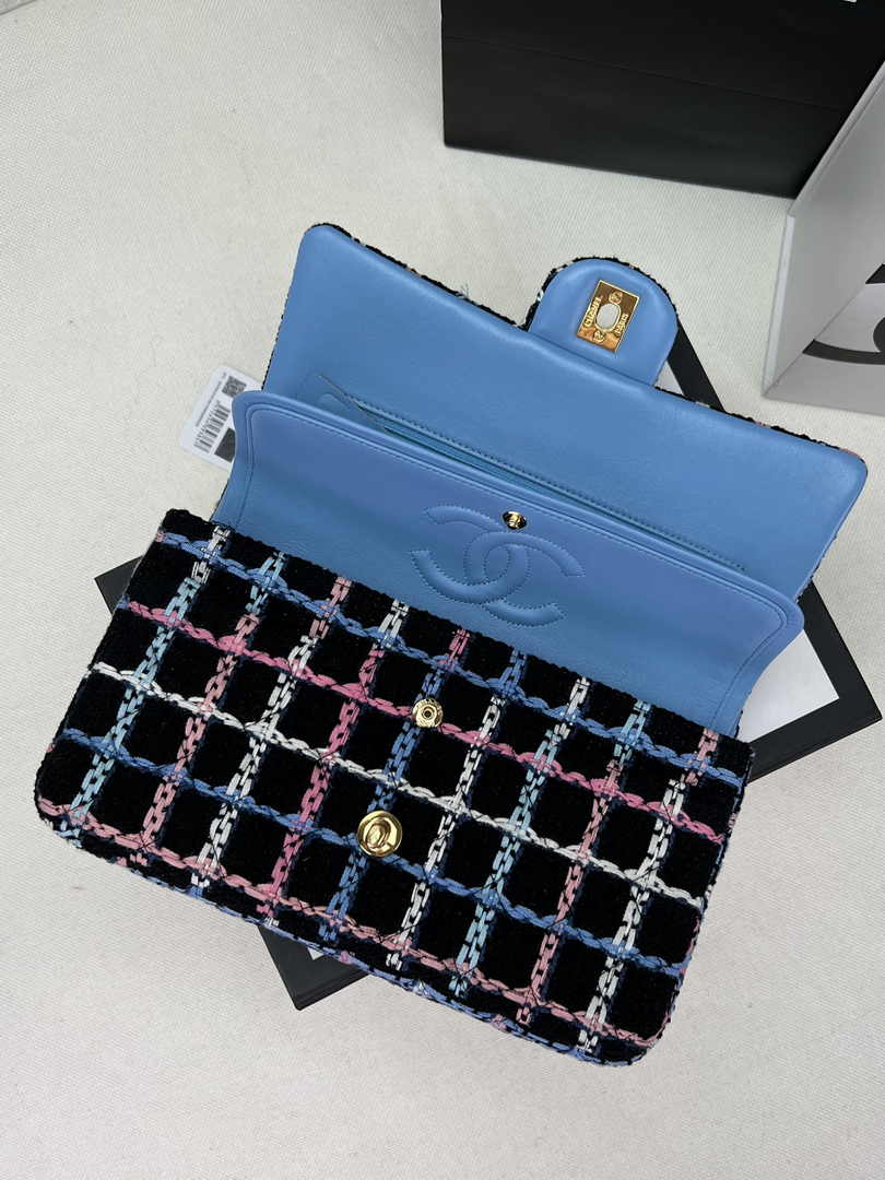 Chanel A01112 Classic Handbag Blue Wool Tweed Gold-Tone Metal