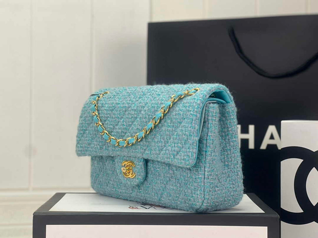 Chanel A01112 Classic Handbag Light Green Wool Tweed Gold-Tone Metal
