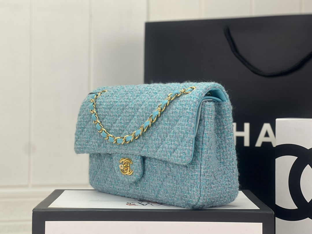 Chanel A01112 Classic Handbag Light Green Wool Tweed Gold-Tone Metal