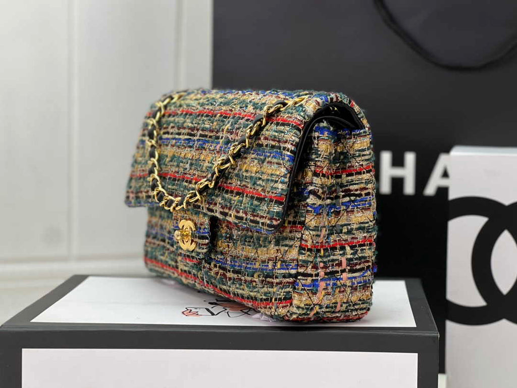 Chanel A01112 Classic Handbag Wool Tweed Gold-Tone Metal Beige Red