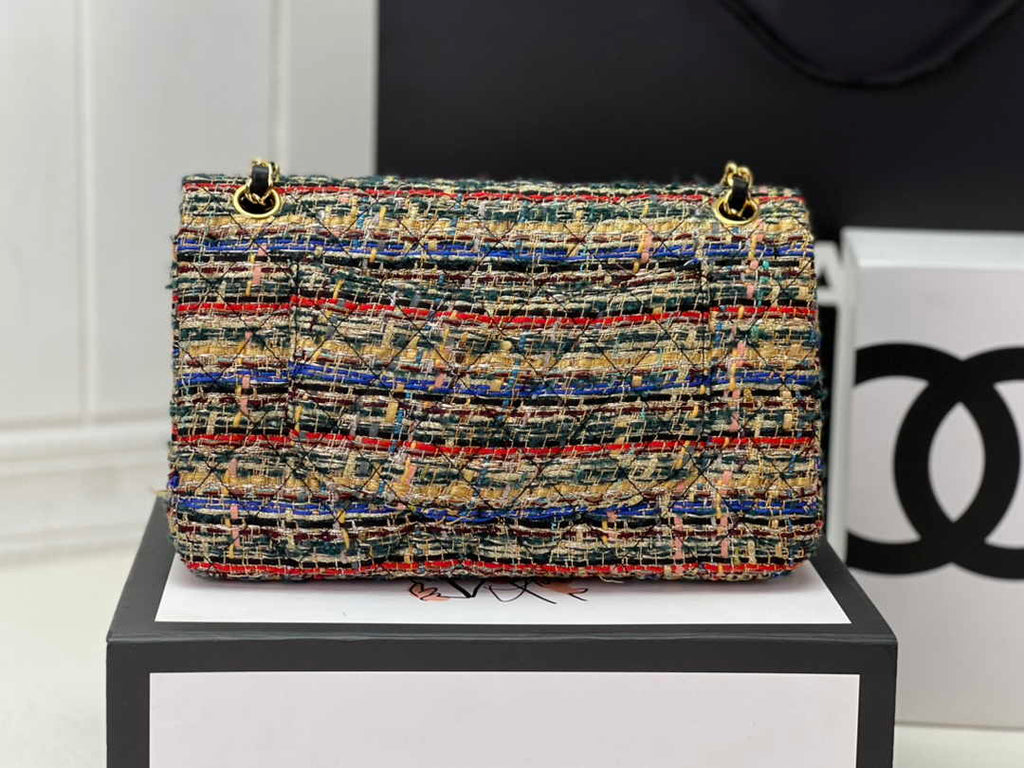 Chanel A01112 Classic Handbag Wool Tweed Gold-Tone Metal Beige Red